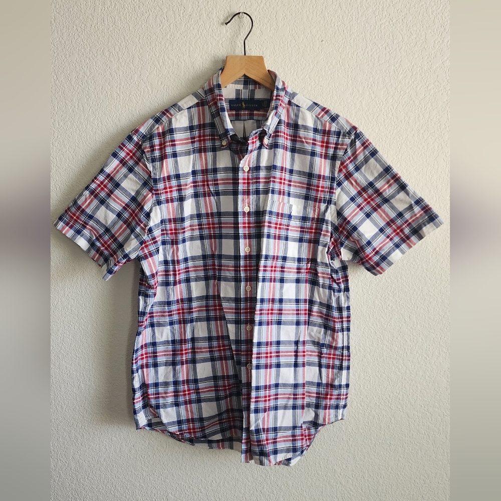 Ralph Lauren Men's Large White Blue Red Plaid Button Down Short Sleeve Shirt